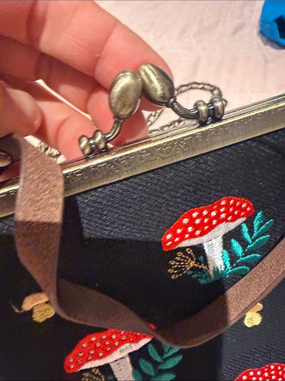 Embroidered Red Mushroom Frame Crossbody Bag - Women Bags - Picture 5 of 7
